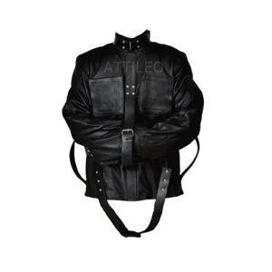 pornhint Pornhint Mens Black Straight Leather Jacket - Bondage Bdsm Fetish Restriction Strait Leather Jacket