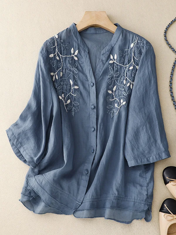 V Neck Embroidered Vintage Loose Linen Shirt socialshop