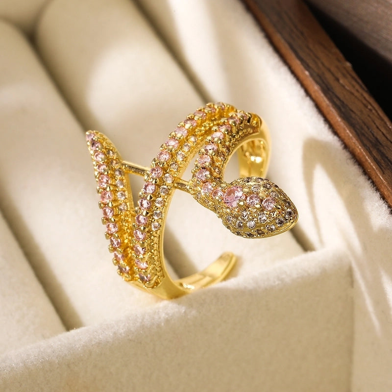 Minimalist Snake Copper Plating Inlay Zircon 18k Gold Plated Open Rings