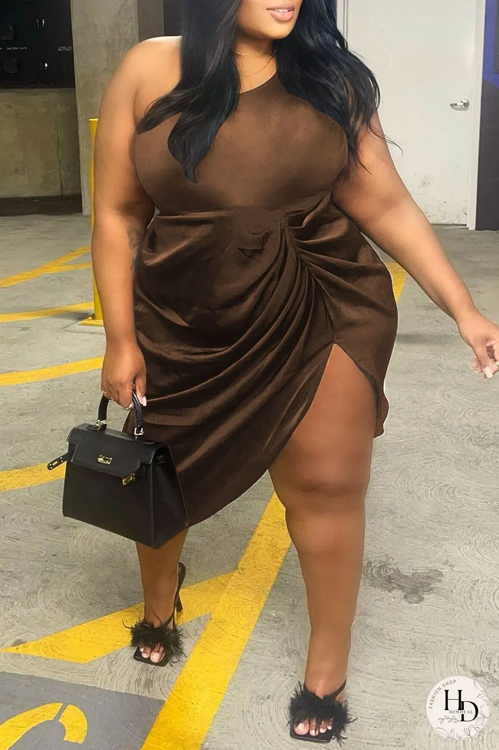 Black Sexy Solid Patchwork Fold Asymmetrical Oblique Collar Irregular Dress Plus Size Dresses