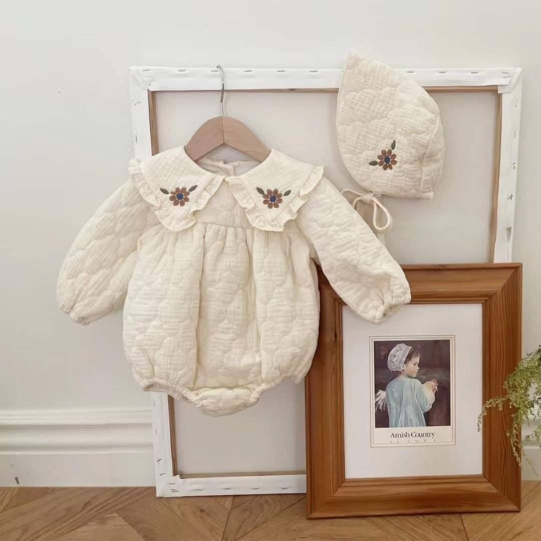 Girl Baby Embroidered Flower Lapel With Cotton Clip Jumpsuit