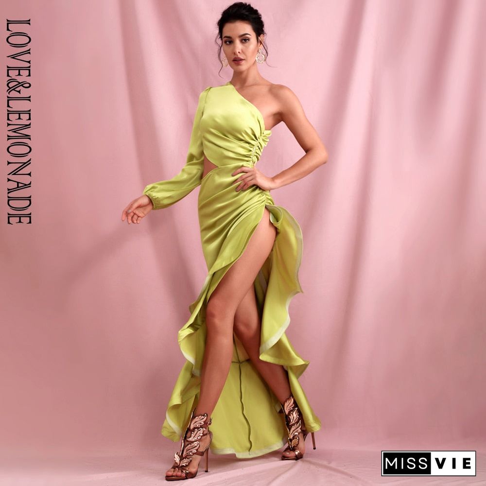 Sexy Green Off-Shoulder Side Whit Split Cut Out Ruffled Long Sleeve Maxi Dress LM82202-1