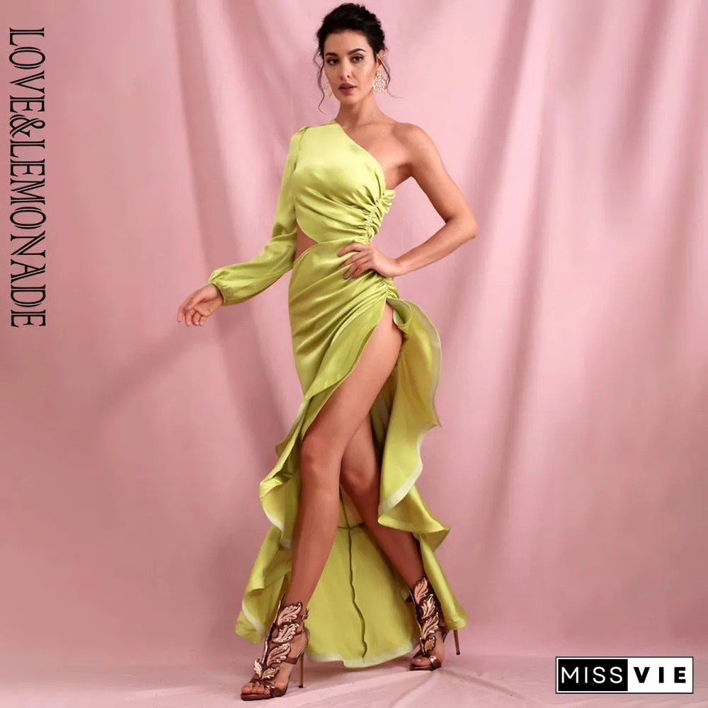 Sexy Green Off-Shoulder Side Whit Split Cut Out Ruffled Long Sleeve Maxi Dress LM82202-1
