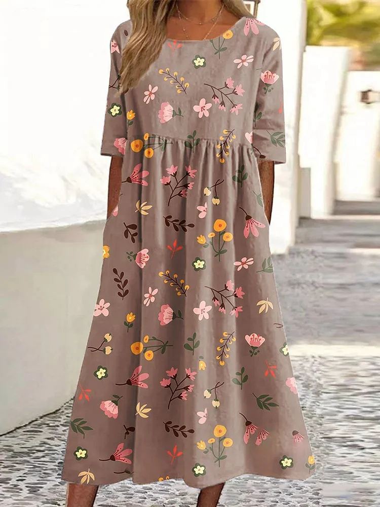 Women's  Flower Art  Print Pocket Cotton Dress