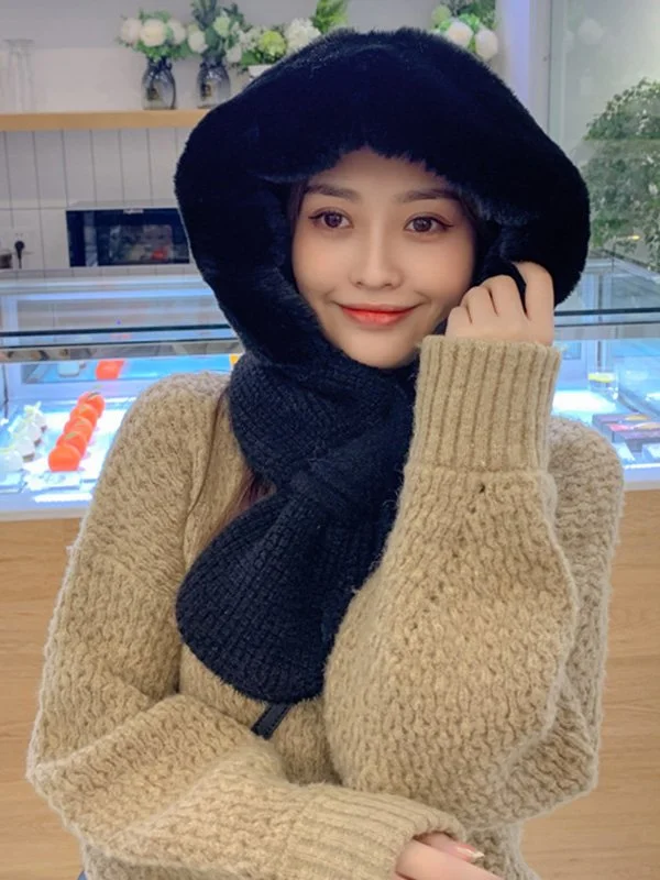 Casual Warm Solid Color With Scarf Knitted Hat