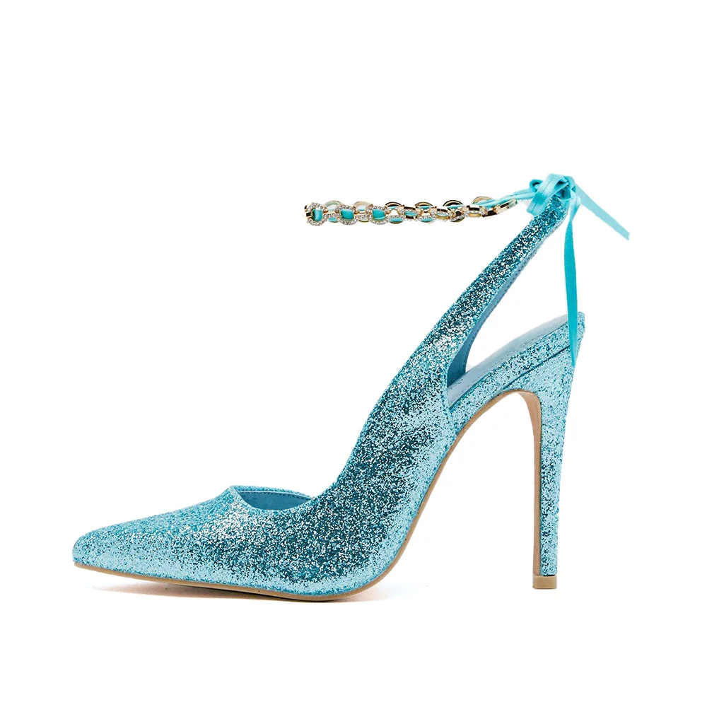 Women's Blue Glitter Rhinestone Chain Ankle Strappy Slingback Pumps Nicepairs