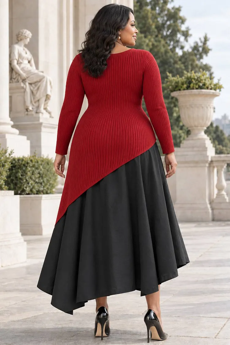 Xpluswear Design Plus Size Business Casual Red Colorblock Round Neck Long Sleeve Contrast Asymmetric Hem Irregular Hem Rib Knit Midi Dresses [Pre-Order]