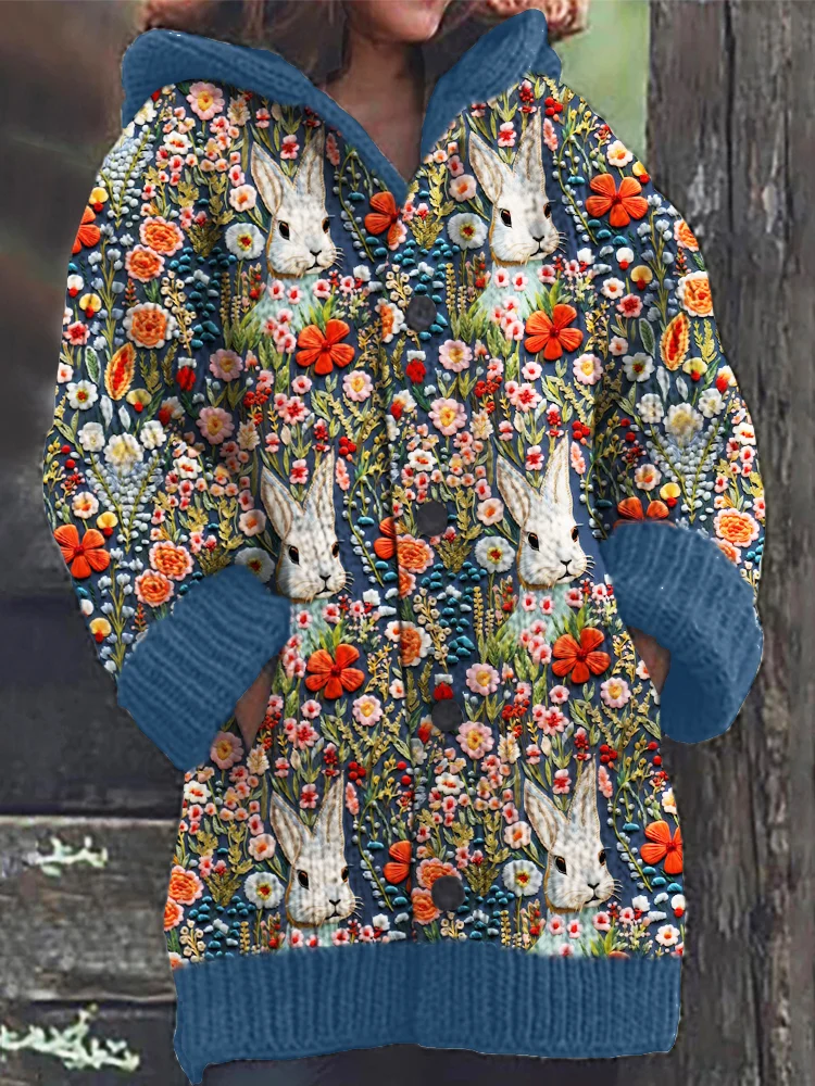 VChics Easter Flower Bunny Pattern Cozy Hooded Cardigan