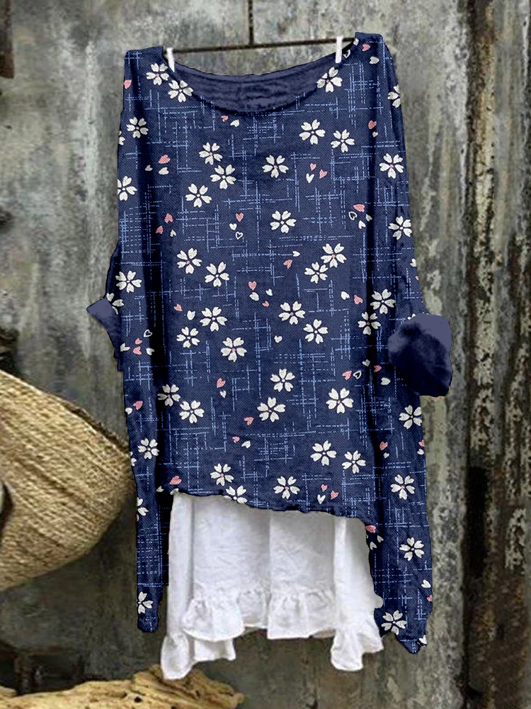 Comstylish Japanese Traditional Cherry Blossom Linen Blend Tunic