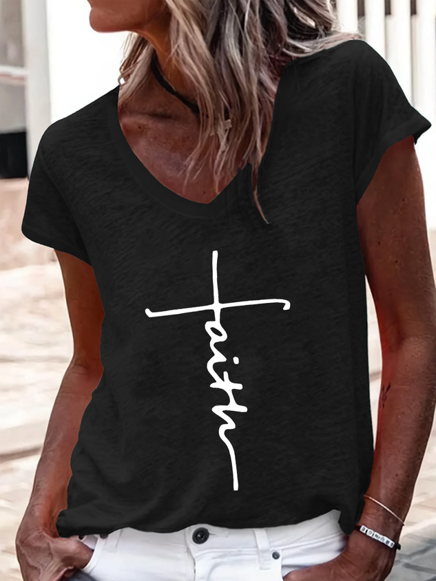 Faith Cross Text Letters Cotton-Blend Casual V Neck T-Shirt