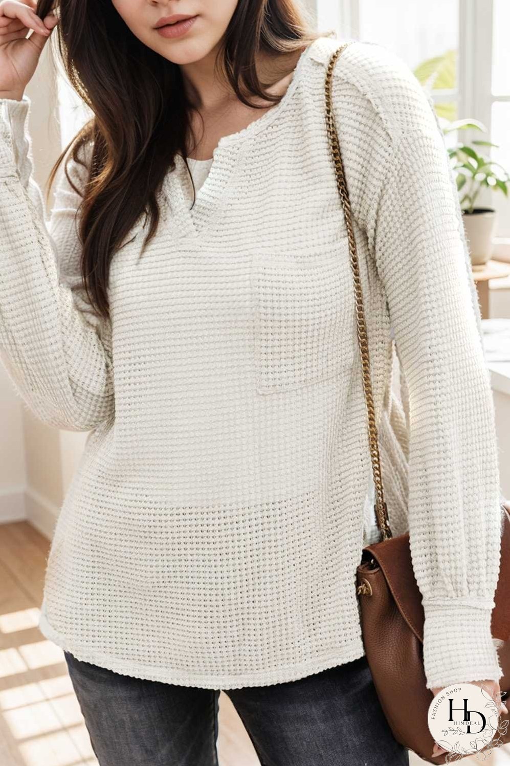 deep v neck long sleeve knitted sweater