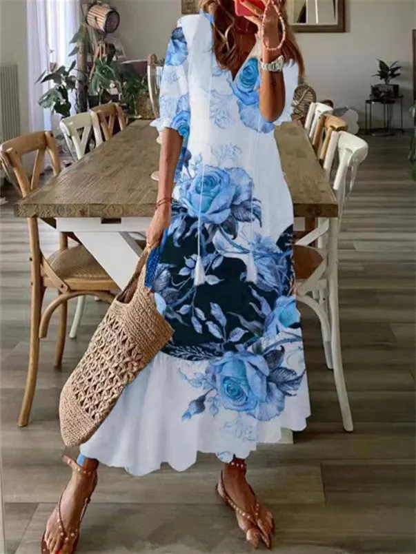 Women's Short-sleeve V-neck Floral Print Fashion Casual Dress