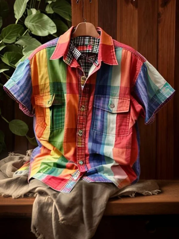 Men's rainbow striped cotton linen shirt