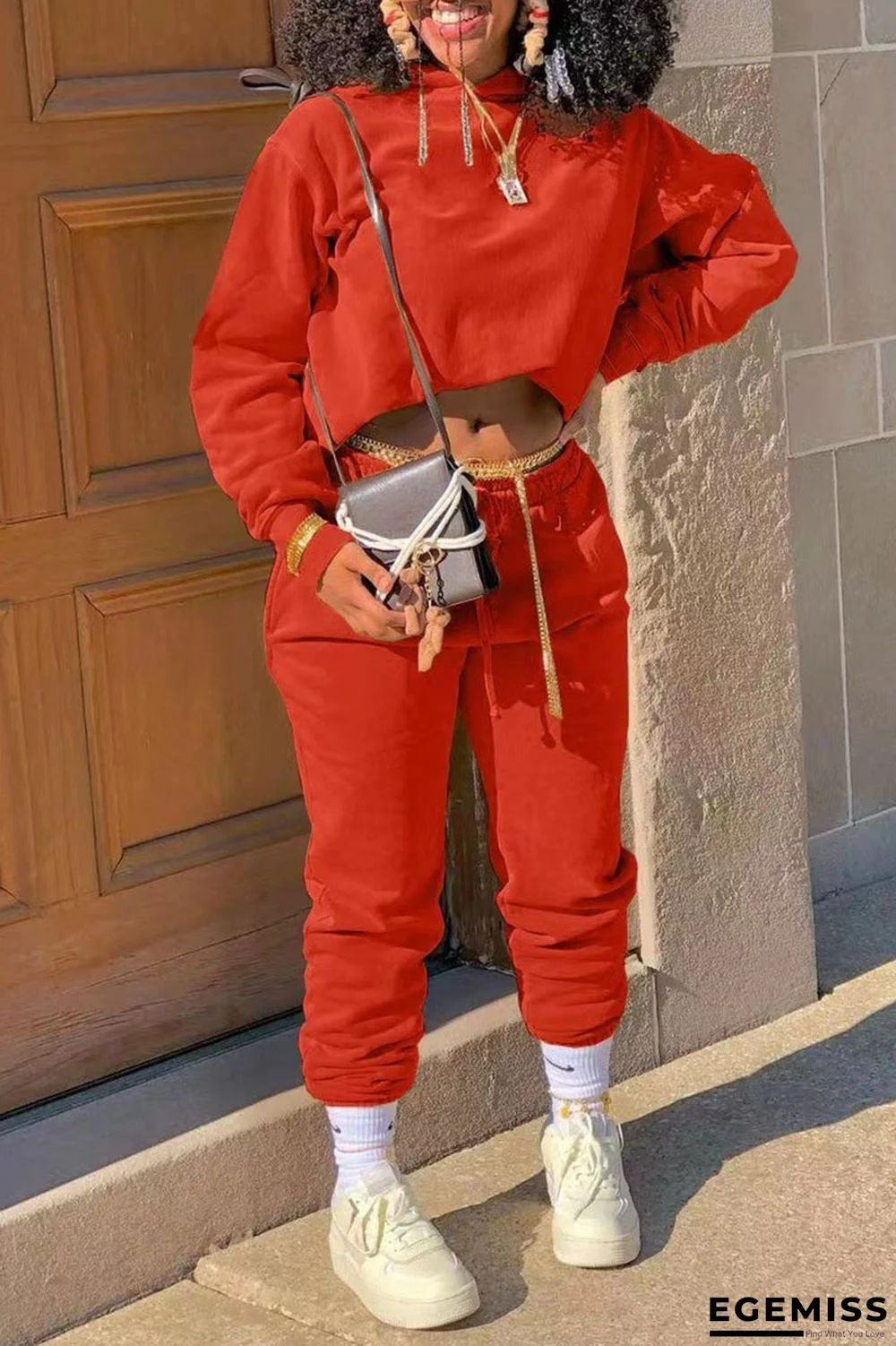 Tangerine Red Casual Sportswear Solid Patchwork Hooded Collar Long Sleeve Two Pieces | EGEMISS