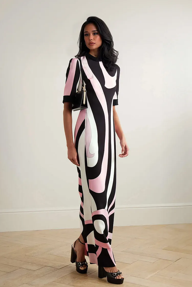 Retro-Inspired Unique Printed Satin Crinkle Maxi Dress