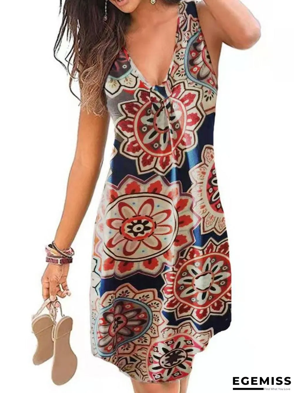 Spring and Summer Ethnic New Women's Sexy V-neck Print Dress | EGEMISS