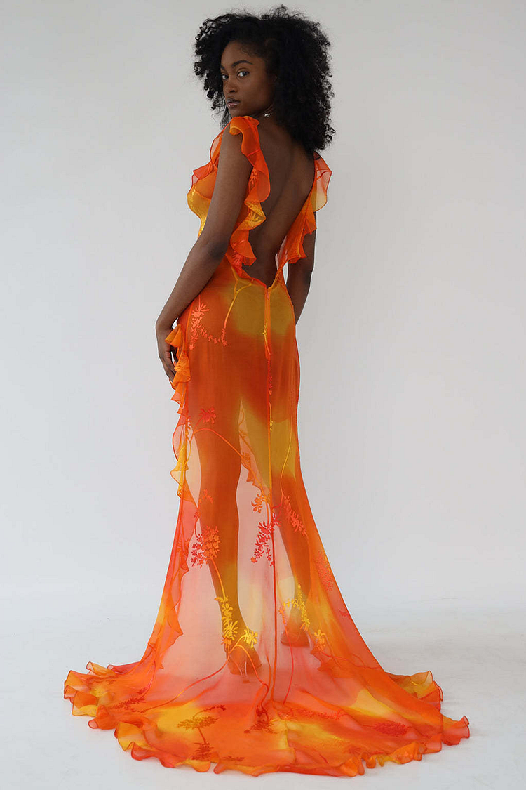 Ruffled Cami Open Back Gradient Color See Through Maxi Mullet Dresses-Orange