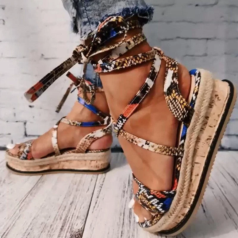 Women Snake Gladiator Sandals Summer Platform Wedges Heel Ankle Cross-tied Fashion Sexy Open Toe Party Shoes Ladies Female 2020