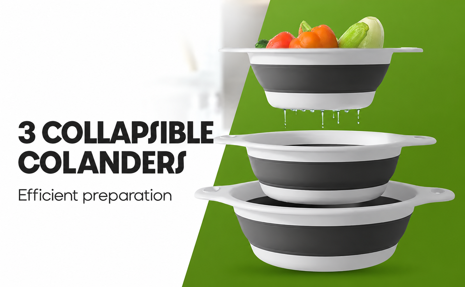 Three white and grey collapsible colanders