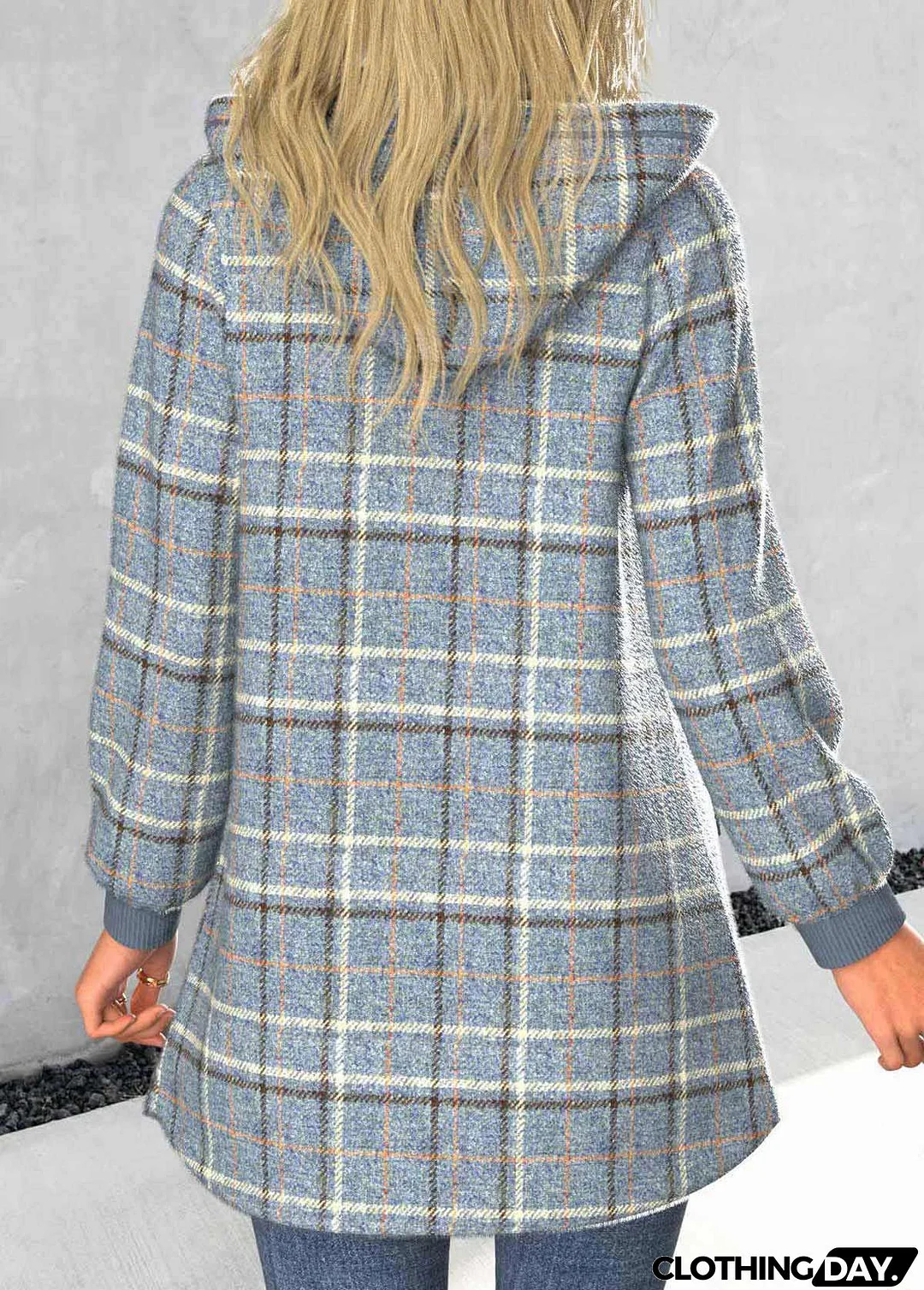 Plus Size Dusty Blue Zipper Plaid Long Sleeve Coat