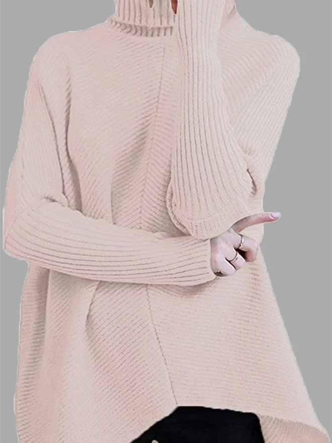 Women's Stitching Turtle Neck Irregular Hem Long Sleeve Top