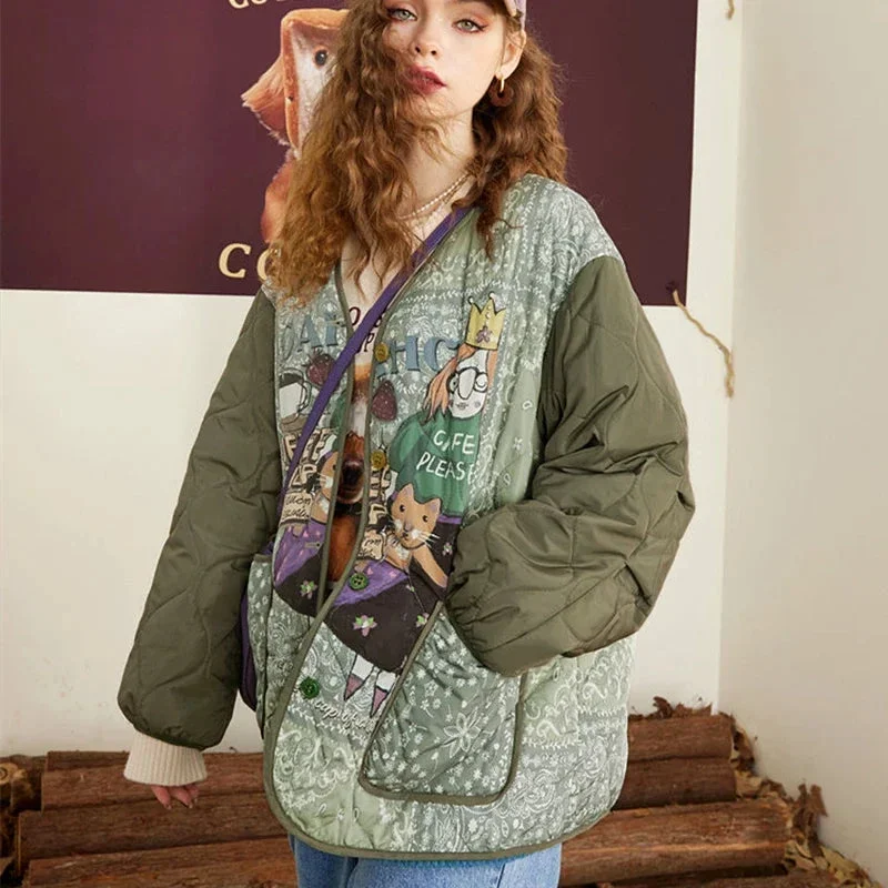 Tlbang Green Rabbit Vintage Cartoon V-neck Parkas Coat Harajuku Kawaii Anime Y2K Bumber Jackets Thick Cotton Winter Loose Overcoat