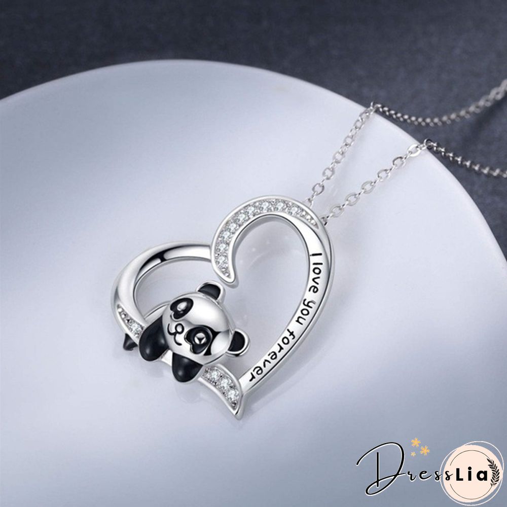 925 Sterling Silver Necklace - I Love You Forever Jewelry Gifts for Women/Daughter/Lover Panda Necklace Cute Heart Animal Pendant Panda Necklace