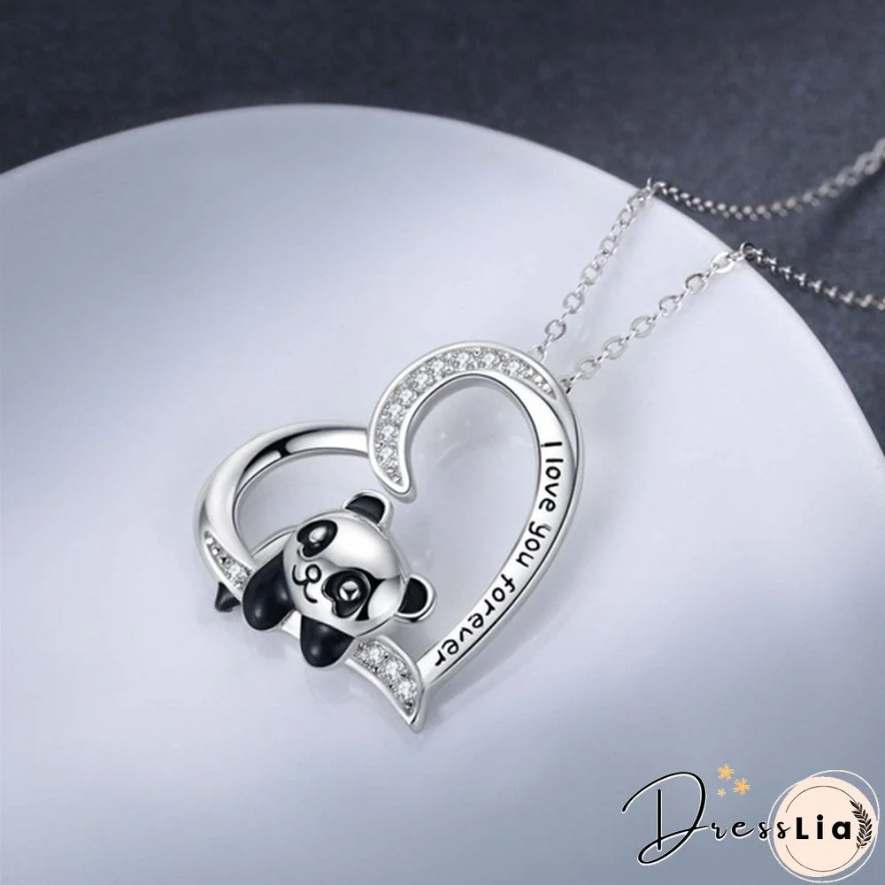 925 Sterling Silver Necklace - I Love You Forever Jewelry Gifts for Women/Daughter/Lover Panda Necklace Cute Heart Animal Pendant Panda Necklace