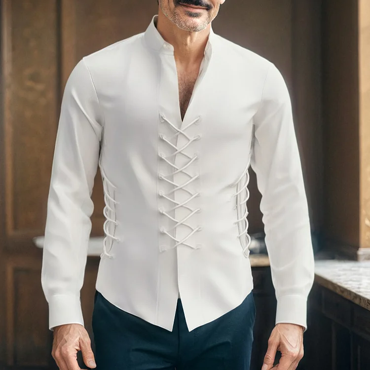 Okaywear Solid Stand Collar Long Sleeve Strappy Shirt 