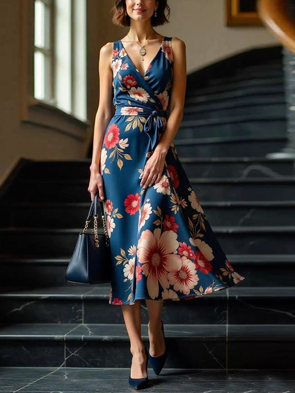 Dark Blue V-neck Sleeveless Print Midi Dress