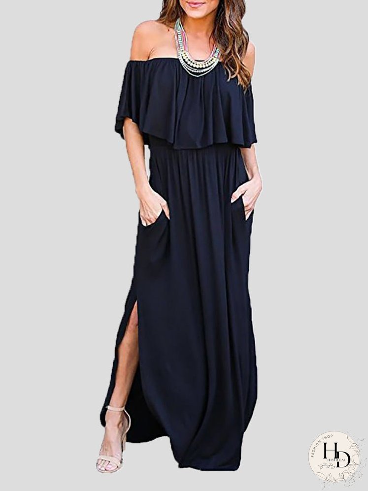 Dresses One-Shoulder Ruffled Pocket Slit Dress for Women