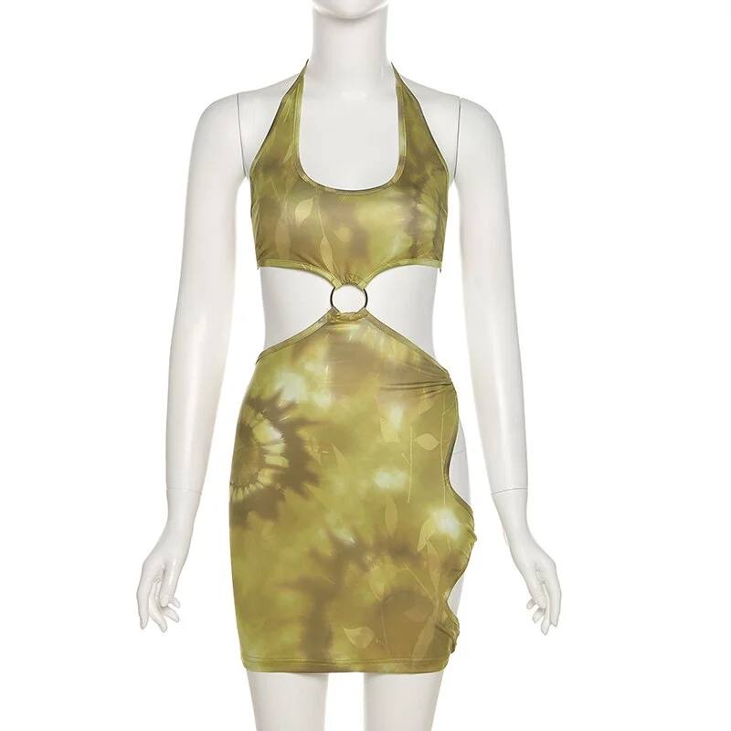 Irregular Shape Hollow Out Printed fashion Women Mini Dress Sleeveless Backless O-Neck Shaped Waist Sheath Clubwear Skirts