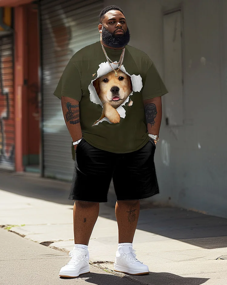 Men's Plus Size Casual 3D Break Puppy Print T-Shirt Shorts Suit