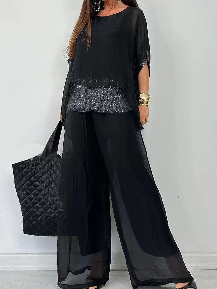 Utbros Fashion Solid Color Chiffon Casual Two Piece Set