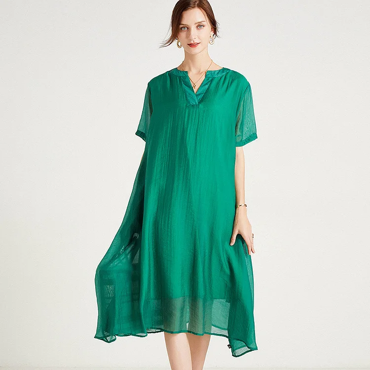 Simple Solid Color Double Layer Short Sleeve Midi Dress