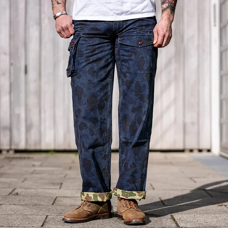 Men's 8oz Indigo Dye Duck Hunting Camouflage Combat Cargo Pants