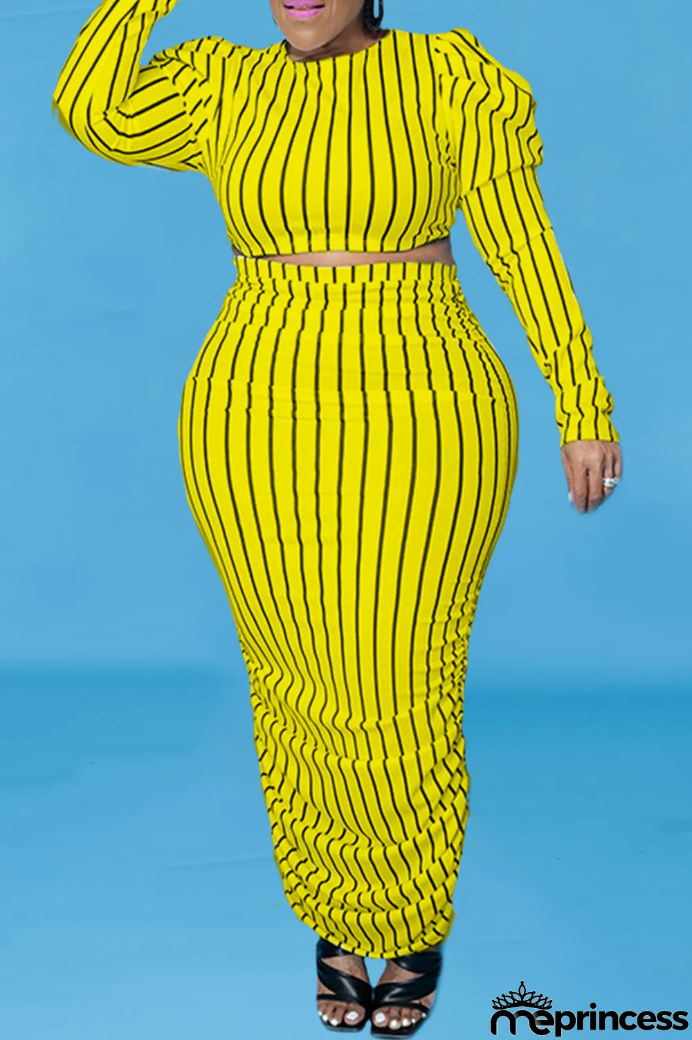 Yellow Casual Striped Split Joint O Neck Pencil Skirt Plus Size Two Pieces