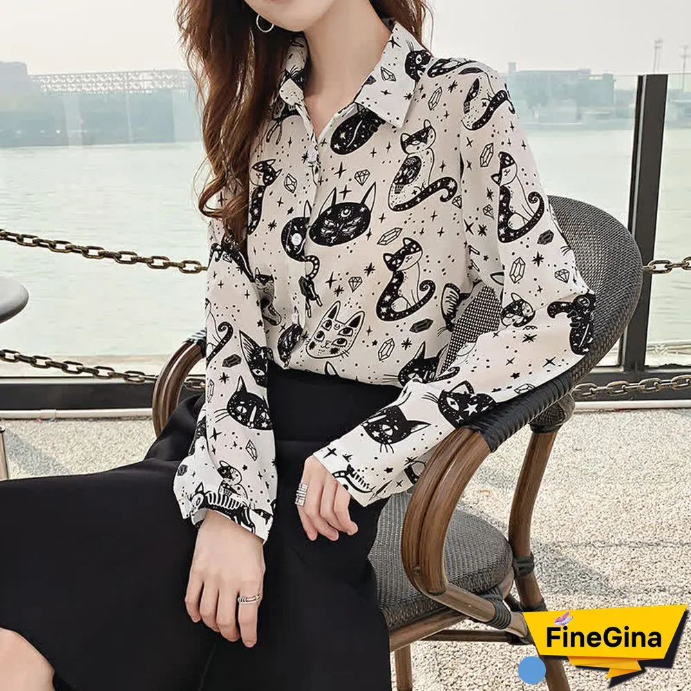 Kitty Print Long Sleeve Lapel Chiffon Shirt