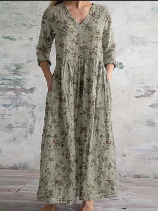 Women's 3/4 Sleeve V-neck Floral Printed Midi Dress