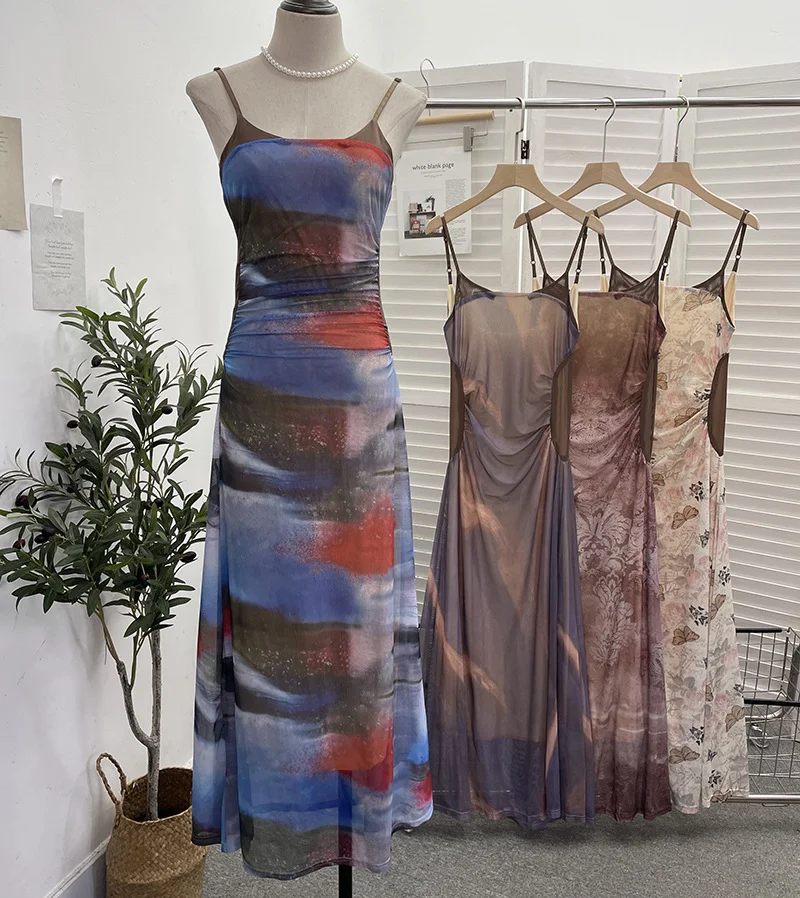 Brownm Sexy Tie-Dye Print Dress Waist Folded Folded Black Back Mesh Slings Long Skirt 888825