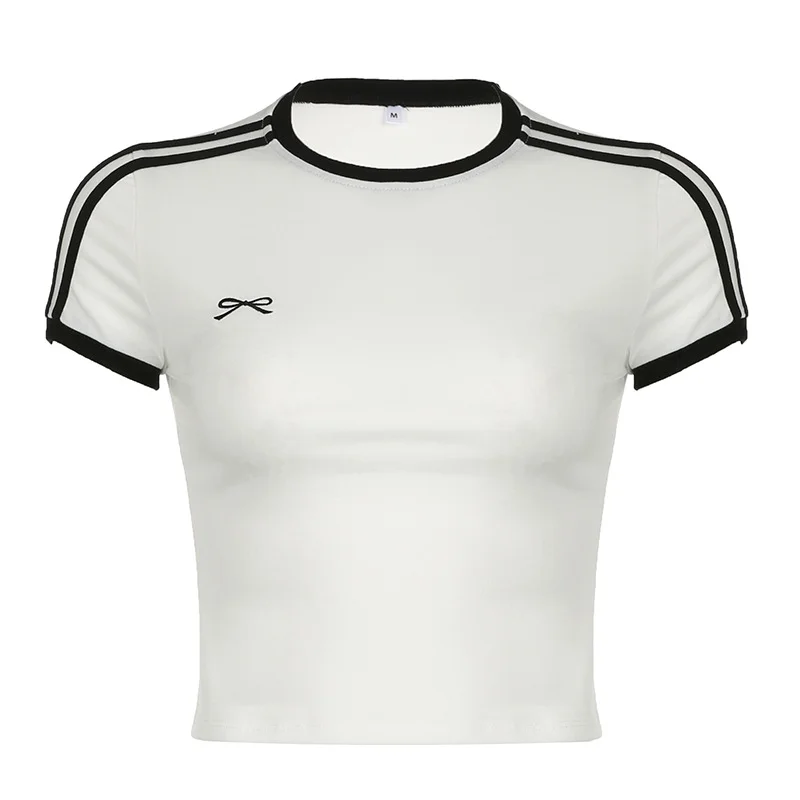 Ueong Basic Color Stripes Stitching Embroidery Small Bows Slim Round Neck Short-Sleeved T-Shirts New Fashion