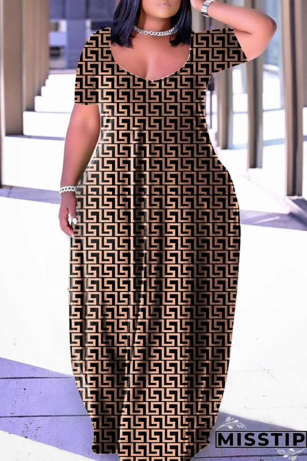 Black Apricot Casual Print Basic V Neck Short Sleeve Dress Plus Size Dresses