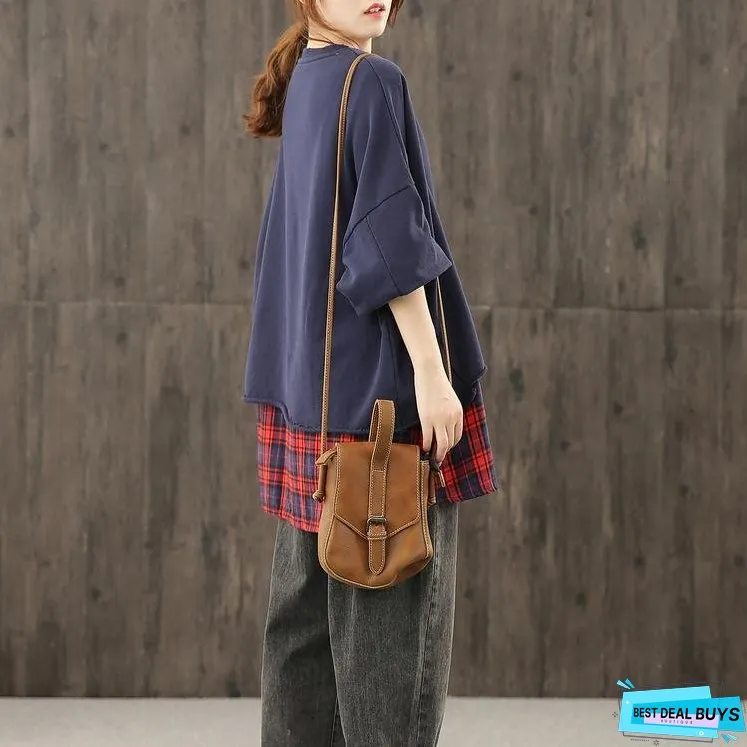 Women o neck patchwork fall tunic pattern Neckline navy shirts