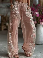 Women's Spring Floral Roses Embroidered Art Print Flowy Linen Blend Casual Pants