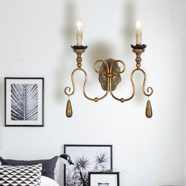 Candle Bedroom Vanity Sconce Light Countryside Metal 2 Lights White/Gold Wall Mounted Lamp
