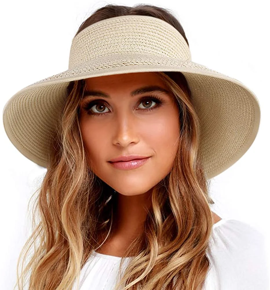 Sun Visor Hats for Women Wide Brim Straw Roll Up Ponytail Summer Beach Hat UV UPF 50 Packable Foldable Travel
