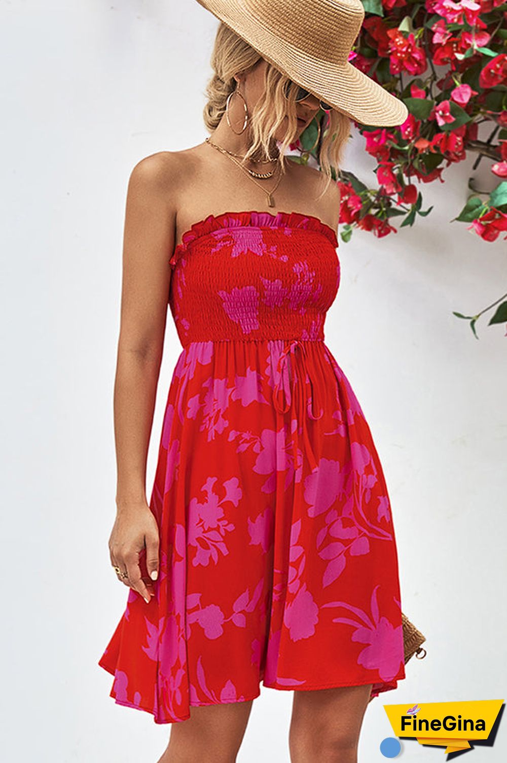 Smocked Frill Bandeau Floral Print Mini Dress