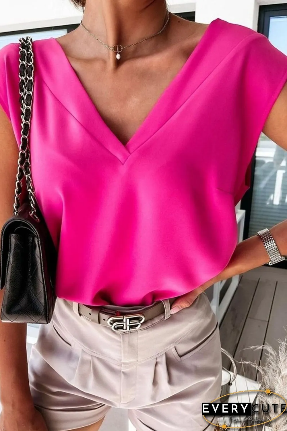 Rose V Neck Pleated Backless Cap Sleeve Top