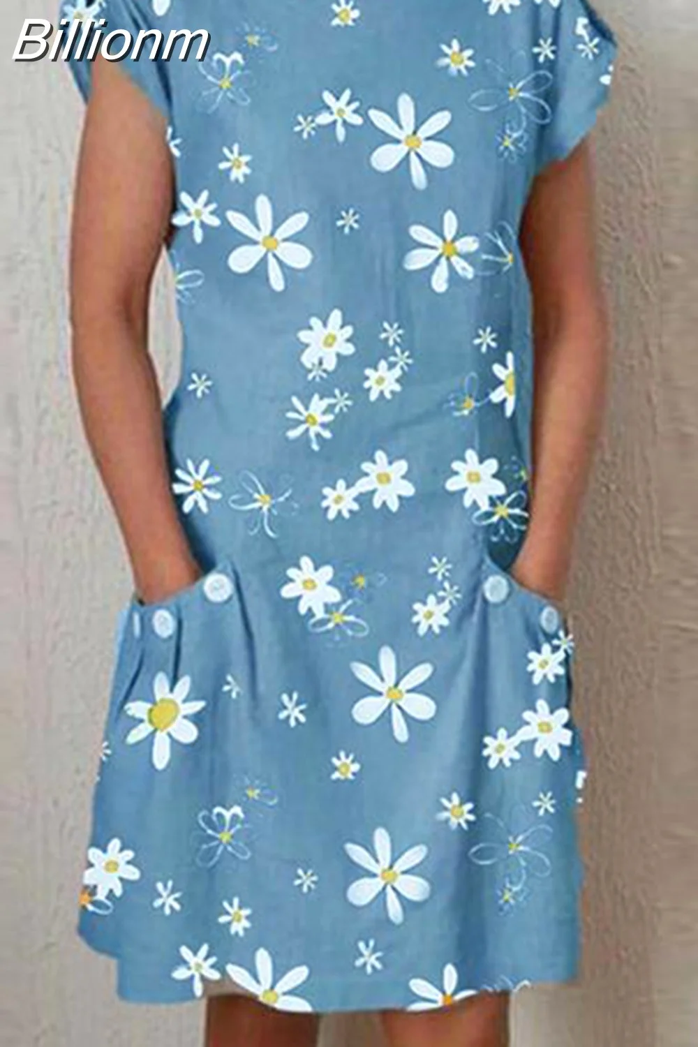 Billionm Color Button O Neck Cotton Linen Summer Dress Women Vintage Short Sleeve Pocket Knee Dress Casual Loose Plus Size Dresses