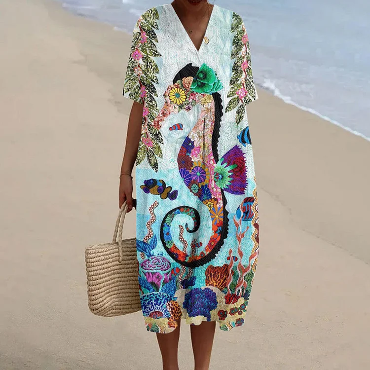 Creative Floral Seahorse Print Short Sleeved Casual Midi Dress
